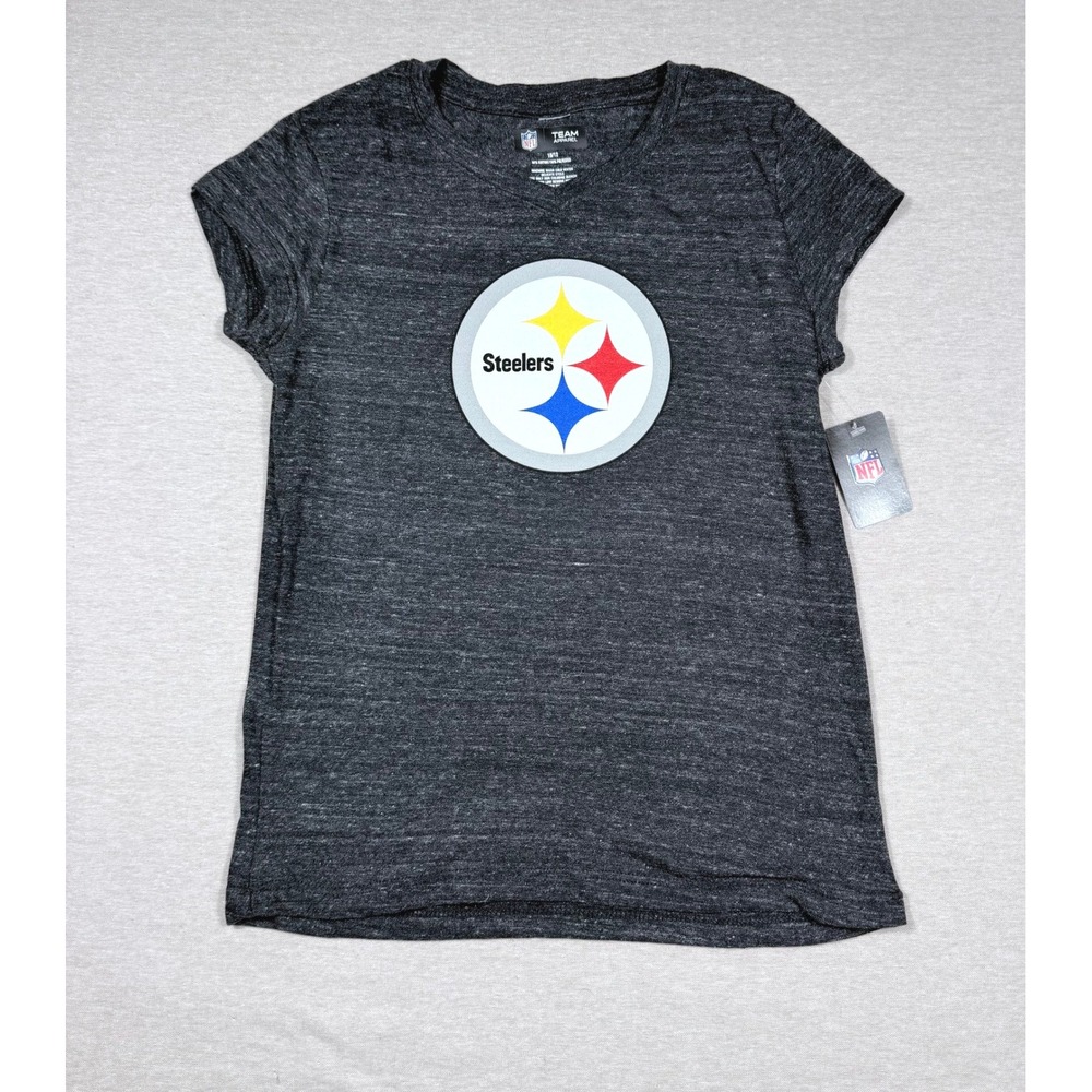 NFL Team Apparel Pittsburgh Steelers Girls V-Neck T-Shirt Grey Heather 10/12 NEW